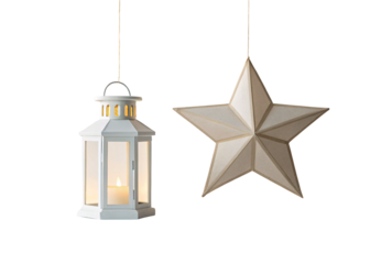 White lantern and beige paper star hanging together, festive decoration set, isolated on a transparent background