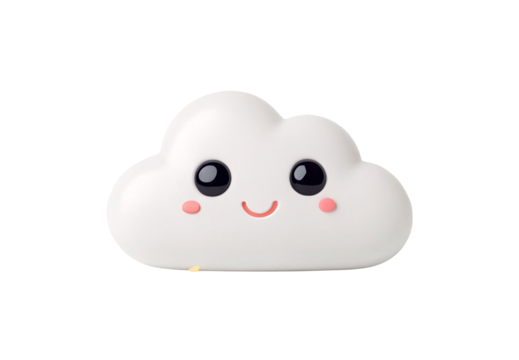 Cute white cloud with smiling face and pink cheeks, cheerful expression, isolated on a transparent background