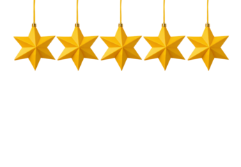 Five golden 3D star ornaments suspended in a row, isolated on a transparent background