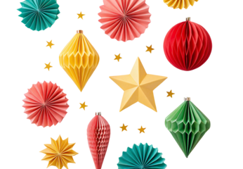 Colorful paper ornaments and stars in festive holiday arrangement, isolated on a transparent background