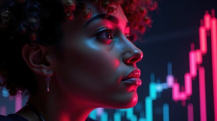 Digital curiosity: a modern woman in a futuristic tech space. Market volatility. Young woman engrossed in digital holographic data analysis. Risk management. Financial planning