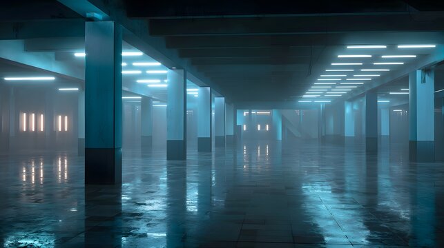 Spacious underground chamber features cool neon illumination reflecting on a wet floor