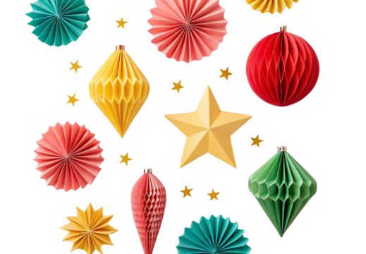Colorful paper ornaments and stars in festive holiday arrangement, isolated on a transparent background