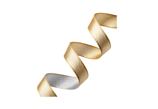 Spiraling gold metallic ribbon with silver section flowing downward, isolated on a transparent background