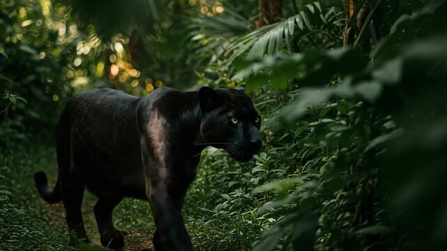 Dynamic video capturing a sleek black jaguar stealthily moving through dense tropical jungle foliage during daylight hours.