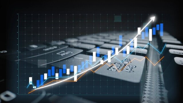 This image illustrates financial growth through data analysis, highlighting upward trends represented by charts and graphs against a keyboard backdrop, ideal for business themes. Copula