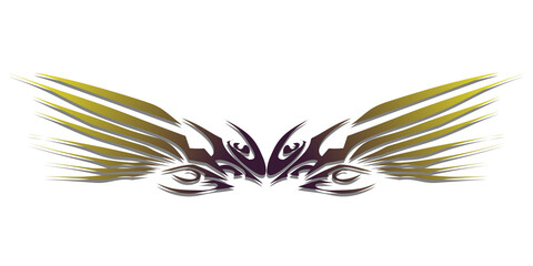 Symmetrical tribal wings tattoo design with green and yellow gradient.