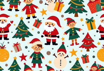 Playful Christmas pattern with Santa Claus, elves, snowmen, gifts and decorated trees on a cheerful light background. Ideal for kids&rsquo; holiday products, gift wrap, packaging, textiles, festive branding