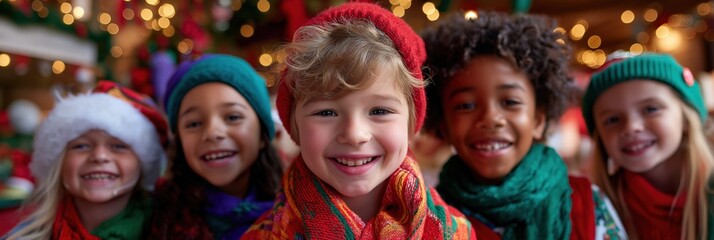 Diverse group of happy children celebrating christmas in festive hats and scarves