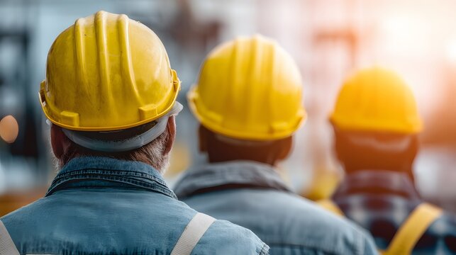 Group of construction workers wearing bright yellow protective headgear stand together outdoors