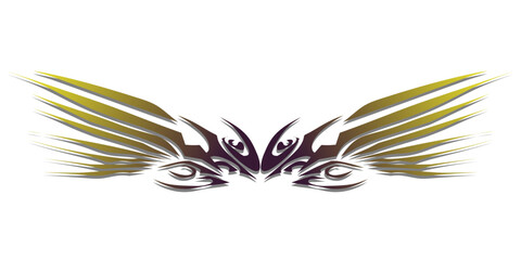 Symmetrical tribal wings tattoo design with a metallic gradient effect.