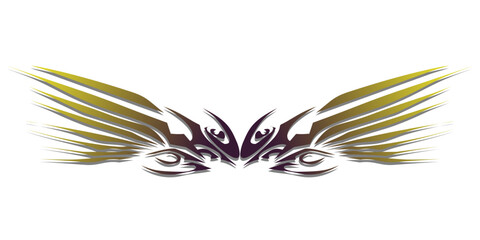 Tribal style winged eyes graphic with a yellow and purple gradient.