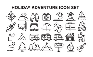 Holiday Adventure Line Icon Set. Travel, Tourism, Camping and Outdoor Activity Vector Collection. Vacation, Navigation and Journey Symbols.