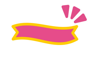 Pink ribbon banner with yellow outline and decorative accents for stickers, scrapbook labels, and design overlays