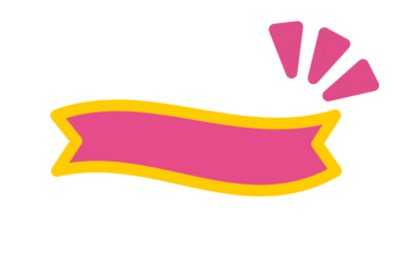 Pink ribbon banner with yellow outline and decorative accents for stickers, scrapbook labels, and design overlays