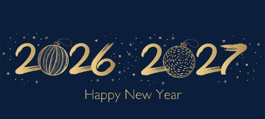 Happy New Year 2026, 2027 Greeting Card with Golden Brush Strokes	
