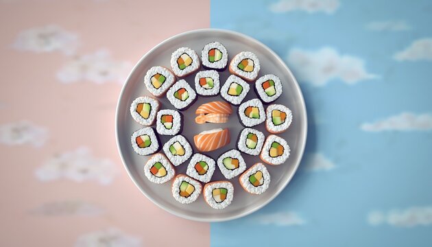 3D render of assorted sushi rolls arranged on a round plate with a pastel background, creating a colorful, playful, and appetizing food scene. - Powered by Adobe
