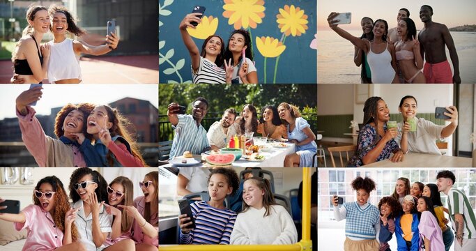 Collage, selfie and different people with phone, bonding together and fun in digital memories. Composite, happiness and group in moment capture with tech, emoji or diverse friendship on social media - Powered by Adobe