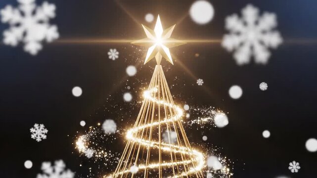 Golden wire frame christmas tree with glowing spiral light and falling snowflake on dark background. Seasonal animated decoration.