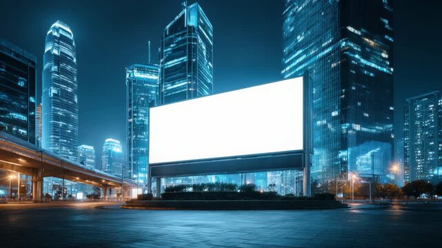 Vast Blank Billboard Screen in a Futuristic Cityscape at Night with Tall Glass Skyscrapers Illuminated and Reflective Wet Pavement