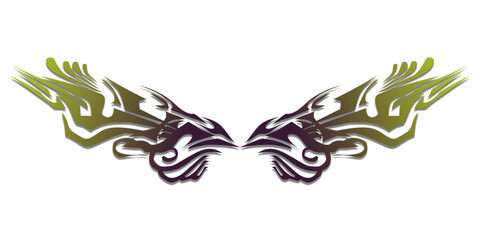 Symmetrical tribal wings design with green and black gradient.