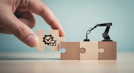 Hand placing last puzzle piece representing automation and quality control into a robotic arm assembly