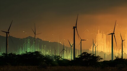 Wind turbines generate clean electricity against a dramatic sky overlayed with digital data streams