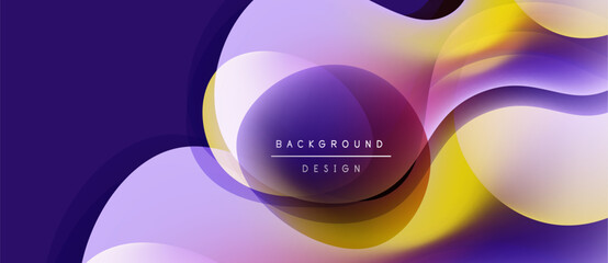 Abstract fluid shapes overlap, creating vibrant purple, yellow gradients. Modern design evokes movement, depth. Background text reads background design.