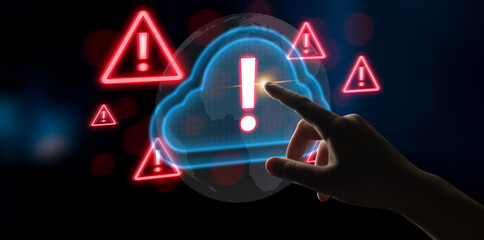 Red alert triangles over a blue cloud icon, symbolizing cloud security threats, system warnings,...