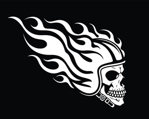 Flaming Skull with Helmet: A stylized illustration of a skull adorned with a helmet and encircled by dynamic flames, a bold symbol of speed, danger, and the untamed spirit of the open road.