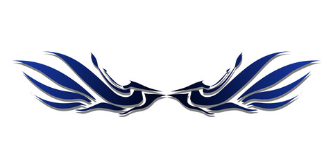 Symmetrical blue tribal wings abstract design isolated on a white background.