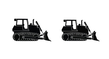 Two identical black silhouettes of heavy duty construction bulldozers shown side view