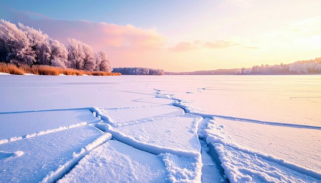 A serene winter landscape featuring a frozen lake with visible cracks in the ice, bathed in the soft light of sunrise, with snow-laden trees and reeds lining th
