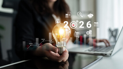 Bar graphs, charts, and number 2026 with AI and data analysis icons symbolizing future business innovation and analytics Parse