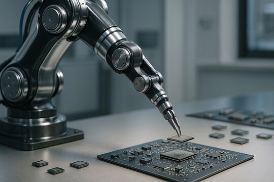 Industrial Robotic Arm Precision Placing a Microchip or CPU onto a Complex Printed Circuit Board (PCB)