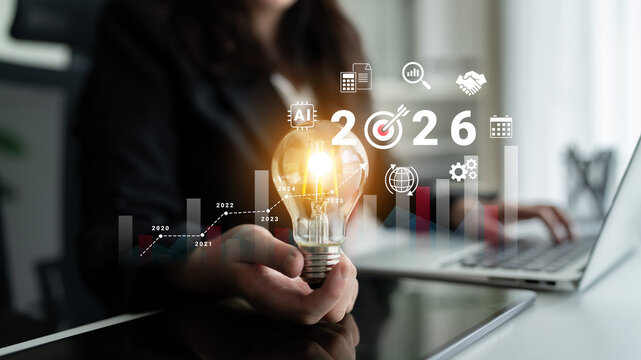 Bar graphs, charts, and number 2026 with AI and data analysis icons symbolizing future business innovation and analytics Parse
