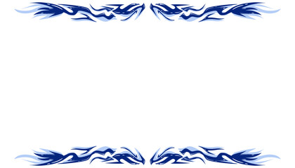 Abstract blue tribal style frame with dynamic wave shapes on a white background.
