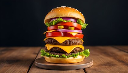 A towering double cheeseburger with fresh ingredients, served on a wooden surface.
