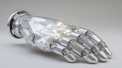 Metallic prosthetic forearm and articulated hand rests against a neutral background