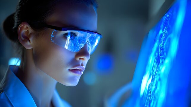 Female professional intensely examines digital information displayed on a screen under bright illumination