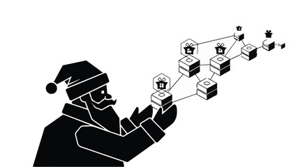 Santa Claus connects a digital network of houses, symbolizing festive technology and smart homes.