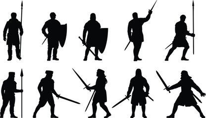 Obraz premium Medieval warrior silhouette, sword fighter, shield bearer, combat stance, historical soldier, black vector, battle pose, weapon icon, knight figure, isolated graphic