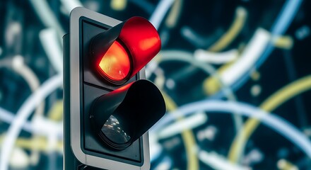 Red Light Illuminated on Modern Traffic Signal with Abstract Background Indicating Halt, Wait, or Restriction.