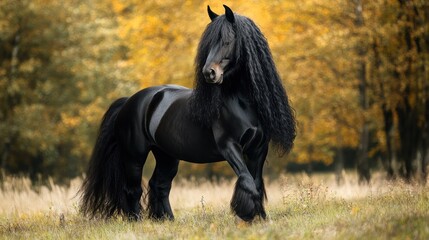 Majestic black horse in autumnal forest