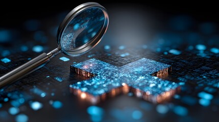 Magnifying glass examines glowing digital cross shape on dark technological surface