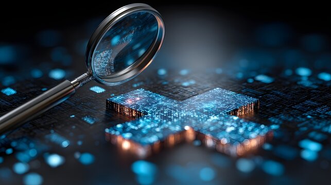 Magnifying glass examines glowing digital cross shape on dark technological surface