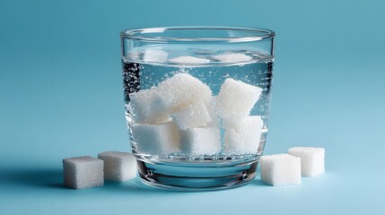 Several white sugar cubes are dissolving in clear liquid inside a transparent drinking glass against a light blue background.