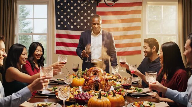 A diverse group of friends and family raising a toast at thanksgiving dinner with an american flag in the background, celebrating together happy thanksgiving