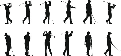 golf, golfer, swing, silhouette, posture, motion, club, stance, follow-through, cap, walking, technique, sport, athletic, equipment