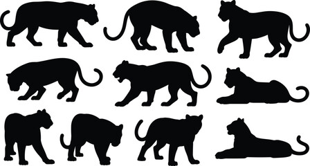 Panther silhouette, big cat pose, wild animal, feline movement, black vector, crouching stance, walking panther, isolated graphic, nature icon, predator shape